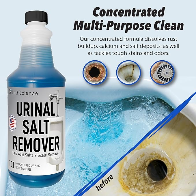 Urinal Salt Calcium and Mineral Scale Remover - Eliminates Urine Odor Destroys Uric Acid Salt Deposit Buildup - 32 FL OZ 4 BOTTLES