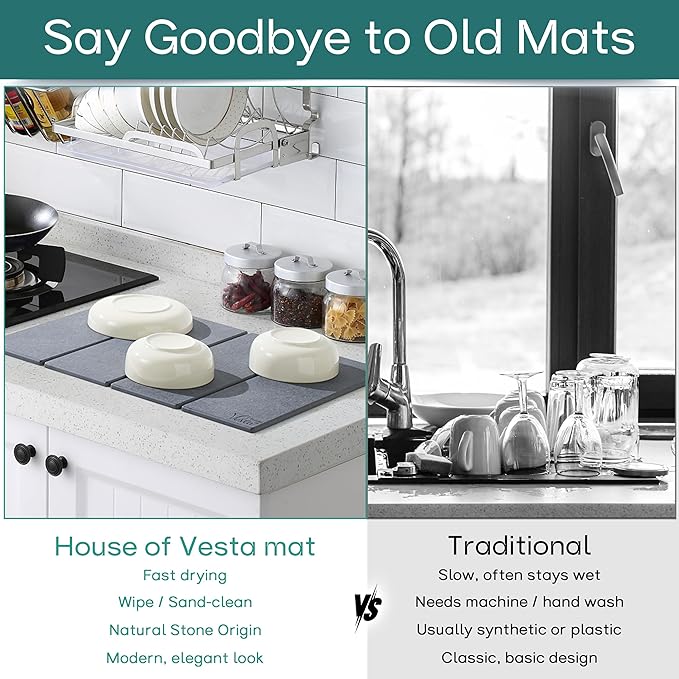 Stone Drying Mat For Kitchen Counter Diatomaceous Stone Dish Drying Mat For Kitchen - Quick Drying Dish Mat - Water Absorbing Stone Tray Foldable Eco-Friendly Gray Color (23.5 x 15.4)