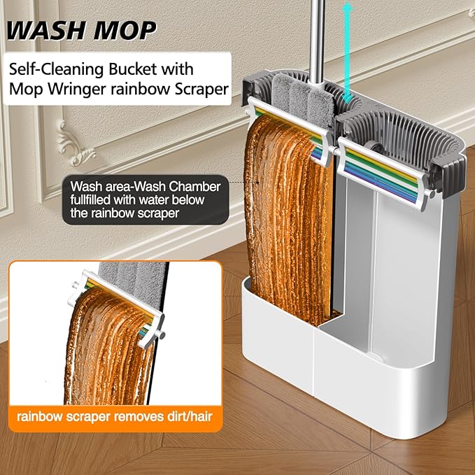 CTIME Flat Mop and Bucket Set with WringerWet and Dry UseHands-Free Flat Mops for Floor Cleaning and Window Wall Cleaner with 4 Microfiber Pads.
