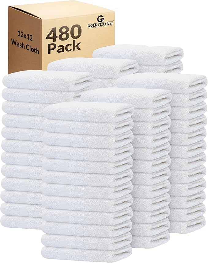 GOLD TEXTILES 480 Pack Economy White Washcloths Set (12x12 inches) - Cotton Blend Commercial Grade Cleaning Rags Quick Drying &amp Soft Face Cloths Fingertip Towels for Bathroom Spa Gym and Kitc