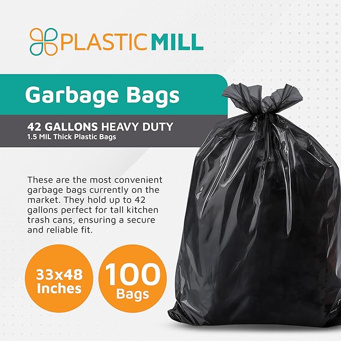 PlasticMill Heavy Duty Black Tall Trash Can Liners - 42-Gallon Large Kitchen Trash Bags 1.5 Mil 33x48 (100-Count)
