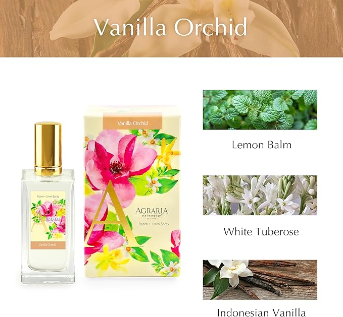 Agraria Vanilla Orchid Room and Linen Spray 3.4 Oz Sweet Rich Air Freshener Spray Fabric Perfume for Bathroom Bed Sheets Car Interiors Closet