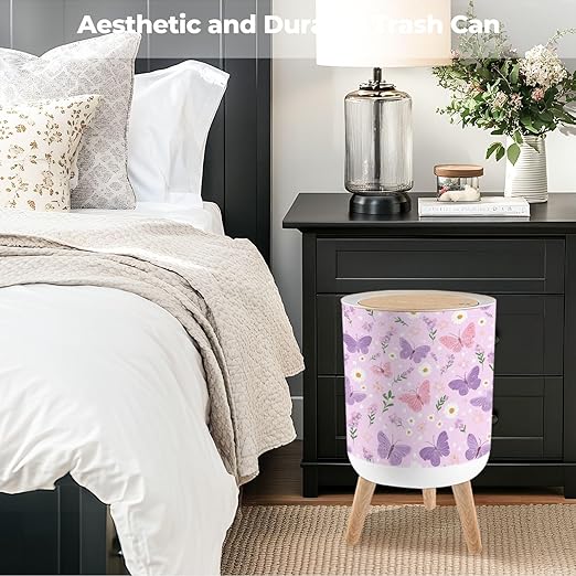Bathroom Trash Can with Lid Pink Purple Butterfly Daisy Flower Spring Seamless Garbage Bin Waste Basket for Kitchen Office Bedroom Decoration Diaper Pail 1.8 Gallon