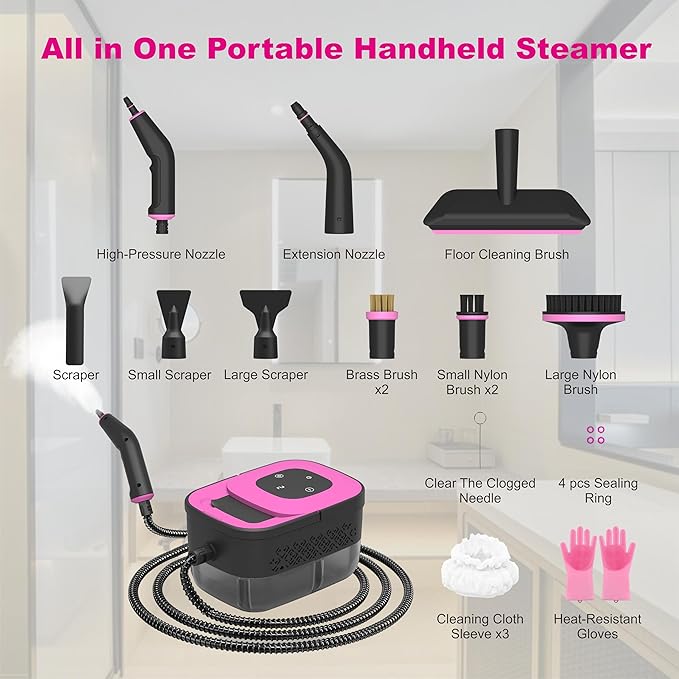 Portable Steam Cleaner for Cleaning with 16pcs Accessories 6-Level Adjustable 15s Heat-Up Handheld Steam Cleaner for Home Tile Grease Dirt Car Detailing Lightweight Design for Women&amp Girls