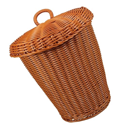 Housoutil Imitation Rattan Trash Woven Holder with Lid Handmade Round Desktop Wastebasket Brown Multi-Function Storage Basket for Home Office Bathroom Use