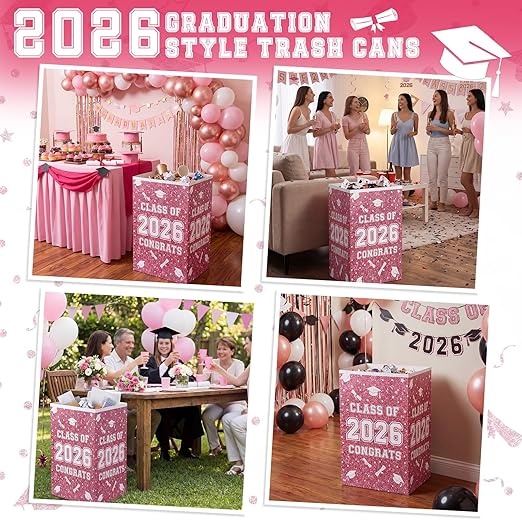 Tinlade 6 Pack 2026 Pink White Graduation Decoration 13 Gallon Disposable Trash Cans Class of 2026 Party Garbage Bins Large Waterproof Foldable Recycle Pop up Bins for Graduation Party School