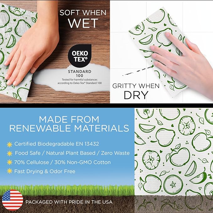 LOLA Swedish Dishcloths XL on a Roll 30 Sheets Fruit Pattern Perforated Tear-Off 11 x 10 Sheets w/Hook Reusable Absorbent Unpaper Towels Cellulose Sponge Cloth Biodegradable Made in Germany