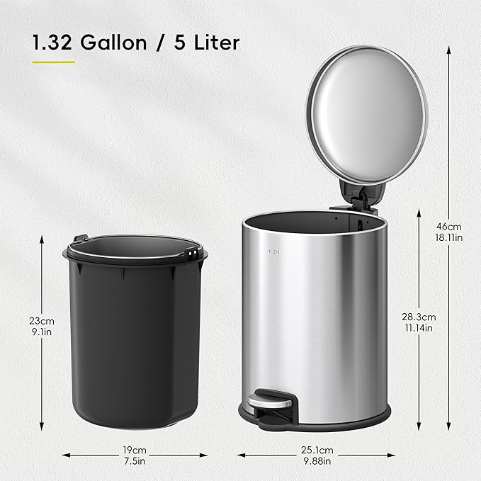 EKO Serene 5L / 1.32 Gallon Step Trash Can with Lid Small Stainless Steel Round Garbage Can with Removable Inner Bucket Compact Bin for Powder Rooms Offices &amp Tight Bathroom Spaces.