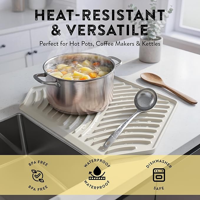 Silicone Dish Drying Mat with Drain Self-Draining Heat Resistant &amp Non-Slip Kitchen Counter Mat Easy to Clean Reusable 19.3'' x 13'' Greige