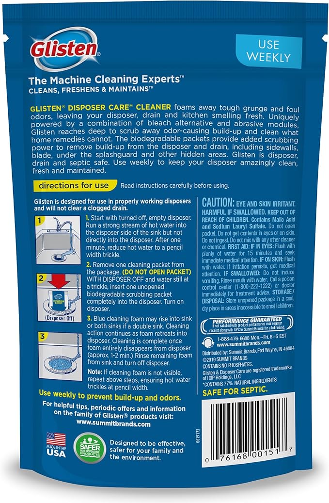Glisten DP20B Disposer Care Foaming Garbage Disposer Cleaner-Twenty Pack (20 Uses)-Powerful Disposal Cleanser for Complete Cleaning of Entire Disposer-Lemon Scented 24.5 oz
