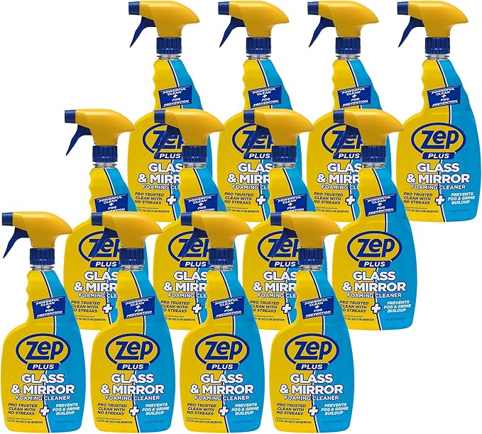 Zep Plus Glass &amp Mirror Cleaner - 32 Oz. (Case of 12) - R53812 - Keep Your Mirror and Glass Surfaces Clear + Streak-free While Also Preventing Mirror Fog…