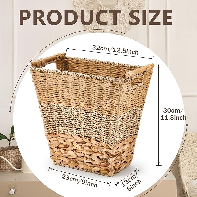 Mifoci 2 Pcs Wicker Trash Can with 50 Small Trash Bag Wicker Waste Woven Basket with Handles Clear Multi Use Garbage Bags for Bathroom Kitchen Bedroom(Multicolor)