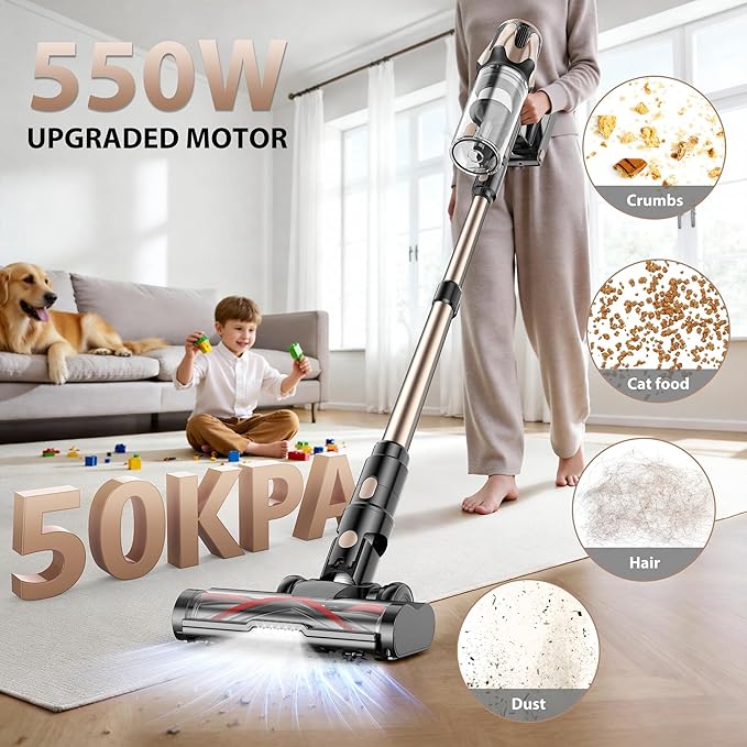 Tikom V850 Cordless Vacuum Cleaner for Home 50000Pa/550W 70Mins Stick Vacuum with LED Touch Screen 1.8L Dust Cup Charging Wall Dock Anti-Tangle Lightweight Vacuum for Pet Hair Hard Floor Carpet
