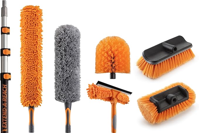 20 Foot High Ceiling Duster Kit and Scrub Brush with 4-12 ft Extension Pole // Telescoping Duster Window Squeegee and Cobweb Duster with Extension Pole // Interior and Exterior House Cleaning Brushes