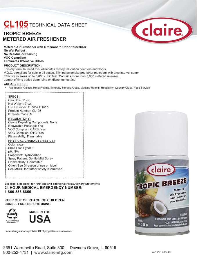 Claire CL105 Tropic Breeze Metered Air Freshener 7 Ounce (Pack of 12)