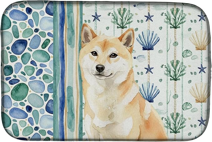 Caroline's Treasures Cream Shiba Inu Coastal Sea Glass Dish Drying Mat Absorbent Dish Drying Mat Pad for Kitchen Counter Dish Drainer Mat for Countertop 14 x 21 Multicolor