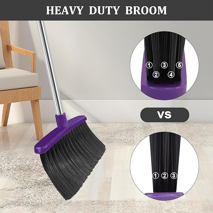 Broom and Dustpan Set 51 Long Handle Broom with Dustpan Combo Set Windproof and Self-Cleaning Teeth Purple Household Dust Pan Set Sweep Kitchen Office Lobby Pet Room