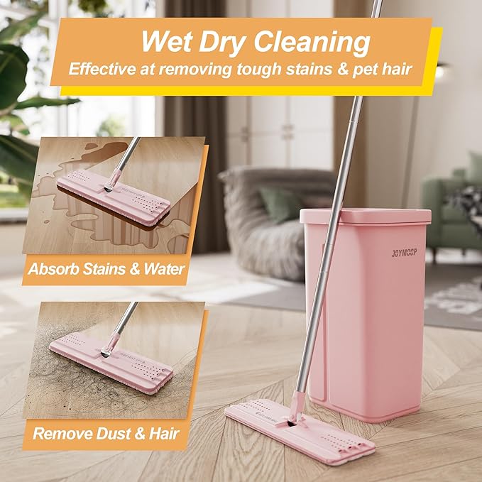 JOYMOOP Pink Mop and Bucket with Wringer Set for Home with 3 Reusable Microfiber Mop Pads Hands-Free Self-Cleaning System Suitable for Floor Cleaning and Wall Cleaner