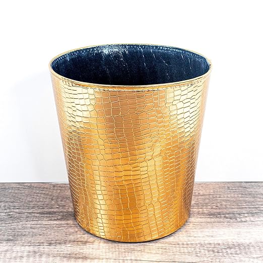 Leather Trash Can Decorative Waste Basket 10L Capacity Small Waste Paper Basket Waterproof Garbage Can for Bathroom Bedroom Office Kitchen and Living Room - Golden
