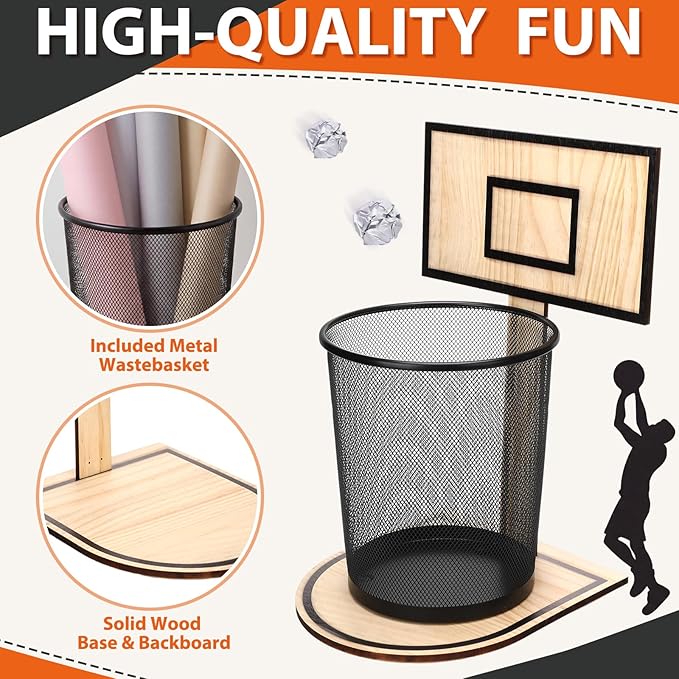 Patelai 2 Pcs Basketball Trash Can Basketball Hoop Trash Can Hoop Bin Waste Basket Game 18x8in Oak-Style Mesh Backboard with Fun Shooting Design Durable Garbage Bin for Home Office Boys Gift