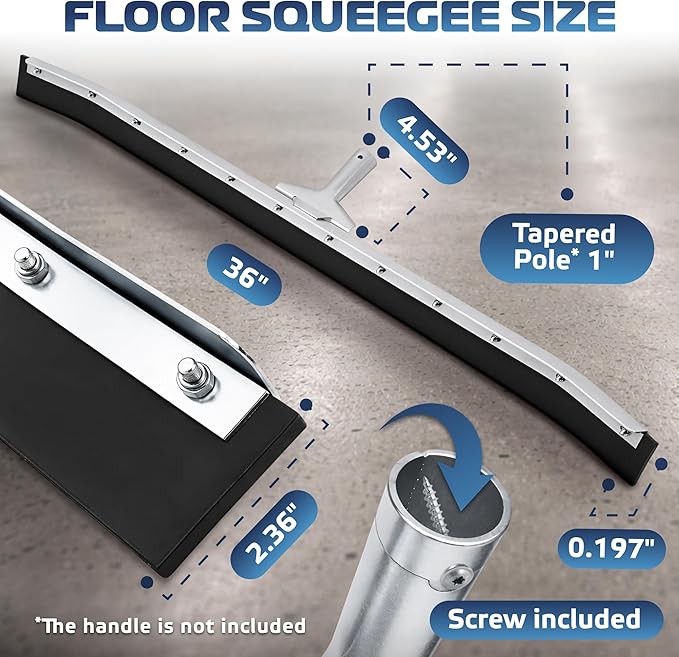 DSV Standard Curved Floor Squeegee 36’’ Rubber Blade Garage Squeegee Taper Pole Connection - Handle Sold Separately for Tiles Concrete and Asphalt