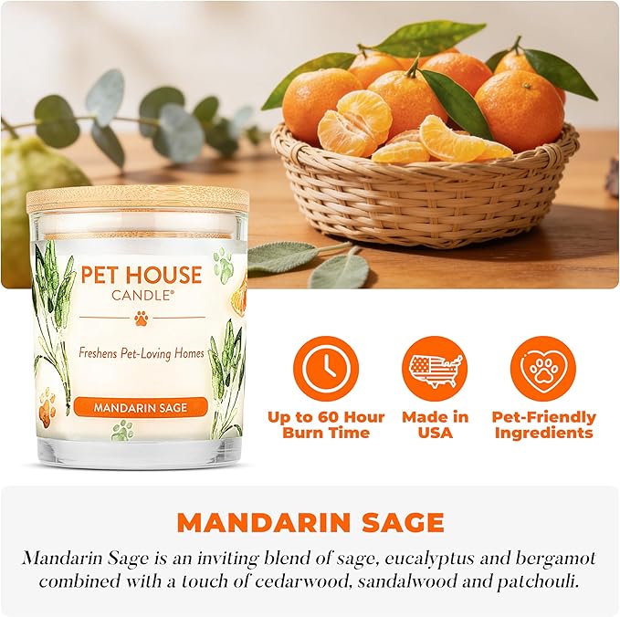 One Fur All Pet House Scented Candles Long Lasting Clean Burning Pet Friendly Candles Mandarin Sage 2 Pack
