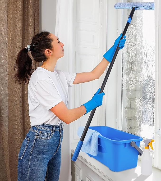 Window Cleaning Kit with Storage Bucket Window Squeegee with 4.13ft Extension Pole Scrubber Spray BottleDuster Cloth Squeegee with Rotating Head Professional Window Cleaning Tools
