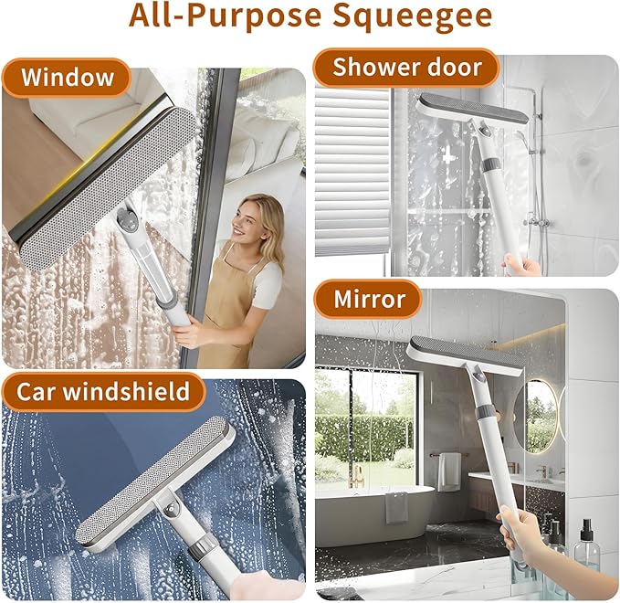2 Pack 5-in-1 Extendable Window Squeegee with Spray 12.6 Inches All-Purpose Window Cleaner Tool Sponges Silicon Blade &amp Gap Brush for Indoor/Outdoor Glass Shower Door Car Windshield Mirror