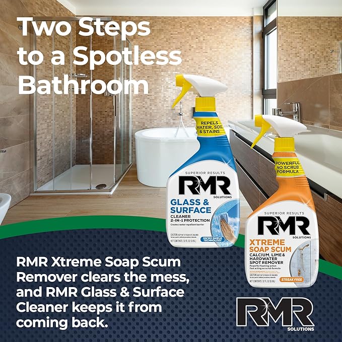 RMR Shower Shield Power Pack – Glass &amp Surface Cleaner/Repellent + Xtreme Soap Scum Remover Multi-Surface Cleaning Kit for Bathroom Tile Glass &amp Surfaces 2–32 Oz Bottles