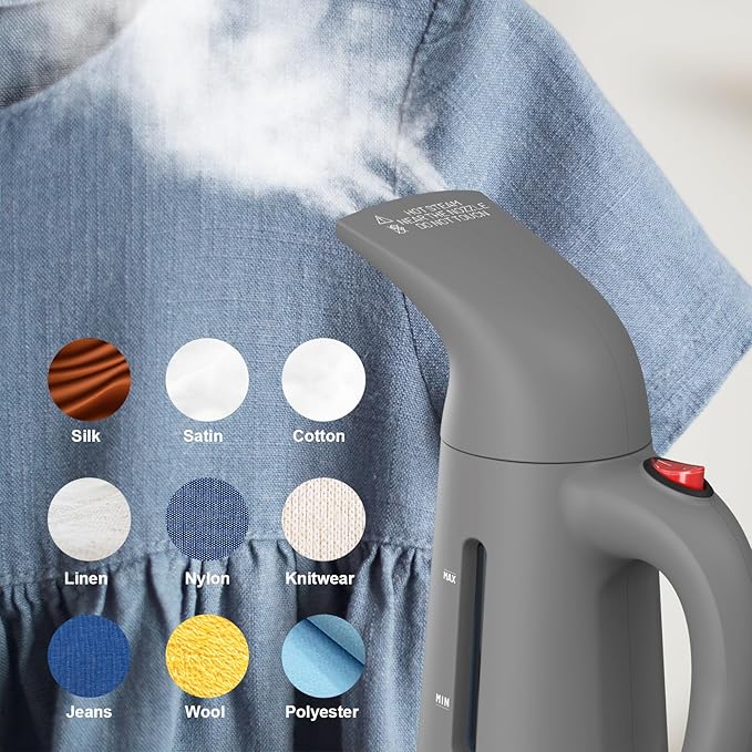 Steamer for Clothes Handheld Garment Steamer Portable Clothes Steamer Remove Wrinkle 180ml Water Tank 12 minutes Continuous Steam 2.3 meter Cord Ideal for ALL Fabrics One button Design (Gray)
