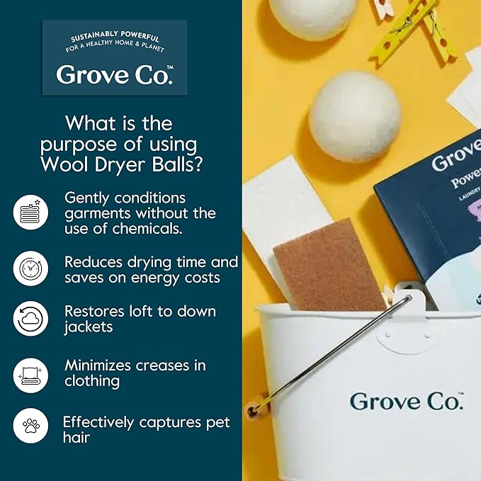 Grove Co. Laundry Detergent Sheets and Laundry Balls Bundle Dissolving Washer Sheets (2 Pack - 64 Loads) Lavender Blossom &amp Thyme 100% Wool Dryer Balls (2 Pack - 6 Balls) Unscented