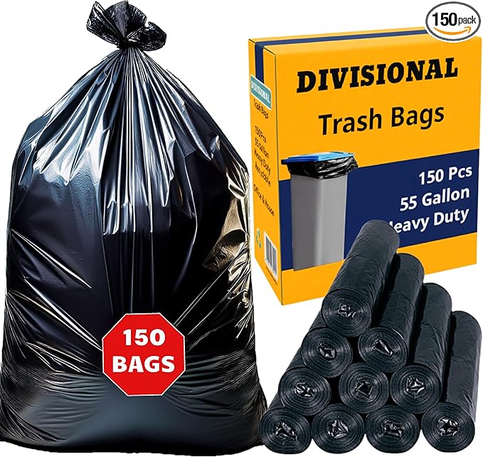 150 Count | 55 Gallon Trash Bags | 150- Pack | Heavy Duty Trash Bags | Heavy Duty Garbage Bags | Black Garbage Bags | Large | 20 Micron