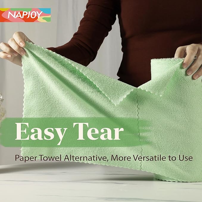 Napjoy Microfiber Cleaning Cloth Roll 75PK Easy Tear Away Reusable Paper Towels 12 x 12 Lint-Free and Scratch-Free with Patented Fiber Technology Microfiber Towel Roll Green