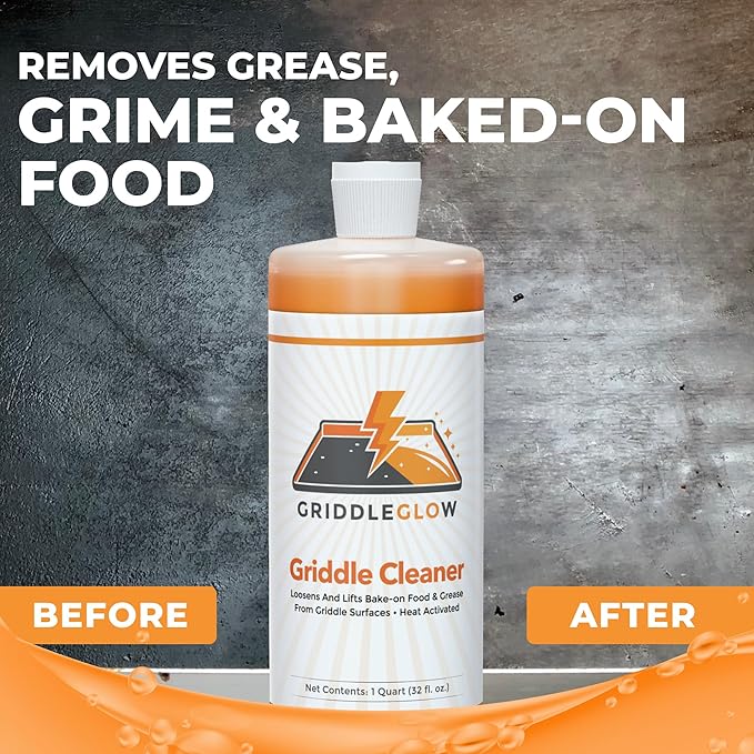Griddle &amp Flat Top Grill Biodegradable Cleaner. Easy Pour Squeeze Bottle 32 oz. Fast Acting Formula Food Safe Glycerin-Based and Caustic Free. Heat Activated Removes Grease and Baked-on Food Sa