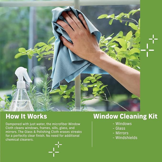 E-Cloth 3-Pack Window Cleaning Cloth - Streak-Free Glass &amp Mirror Cleaning Kit with Just Water Glass Cleaning Cloth Microfiber Towel Kit for Windows Car Windshield Mirrors - Alaskan Blue