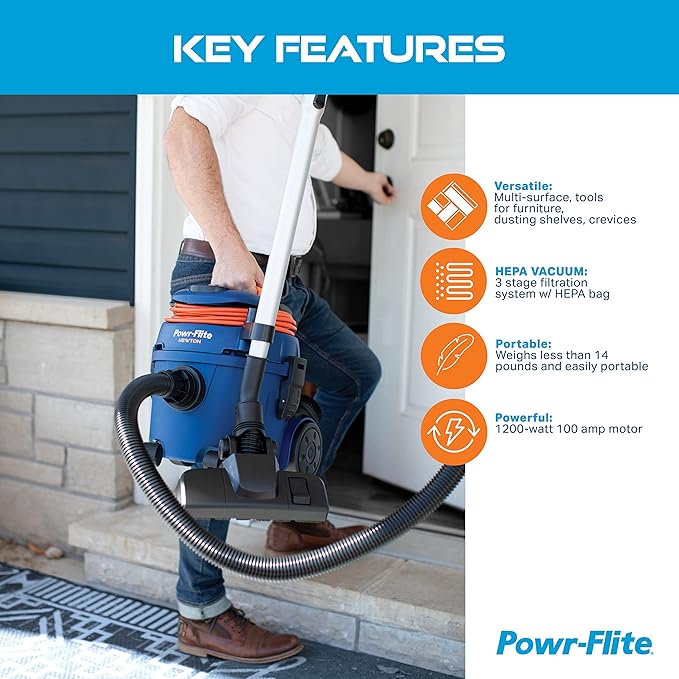 Powr-Flite Newton Compact Vacuum Cleaner Canister with HEPA Filtration Portable Vacuum for Hardwood Floors and Rugs PV610-Q10-U