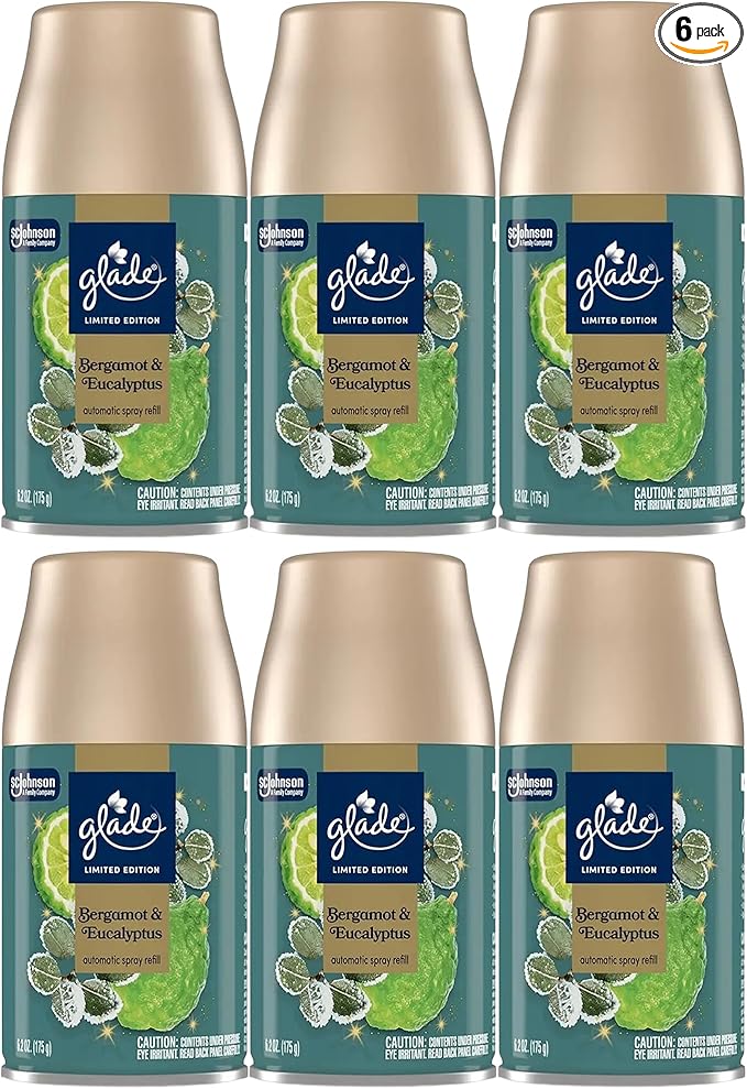 Glade Automatic Spray Refill 6 Pack Bergamot &amp Eucalyptus Scent Home Fragrance Refill Can 6.2 oz