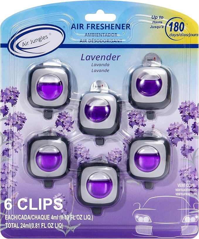 Air Jungles Lavender Fresh Bundle – 3-in-1 Odor Eliminator Balls (6 Count) Lavender Car Air Freshener Clips (6 Pack) and 3-in-1 Leather Cleaner Wipes (70 Count)