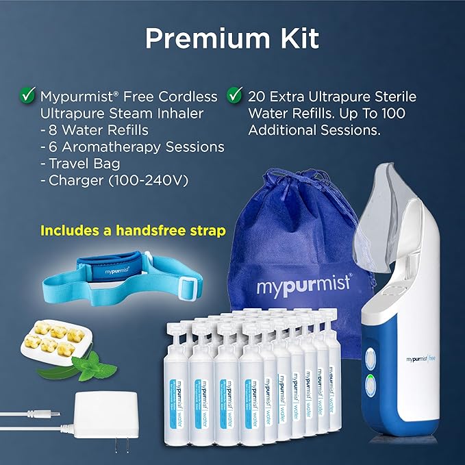 Mypurmist Free Premium Kit – Cordless Steam Inhaler with Water Refills ScentPad and Handsfree Strap – Personal Steamer Vaporizer Humidifier for Sinus Relief Nasal Congestion Cold