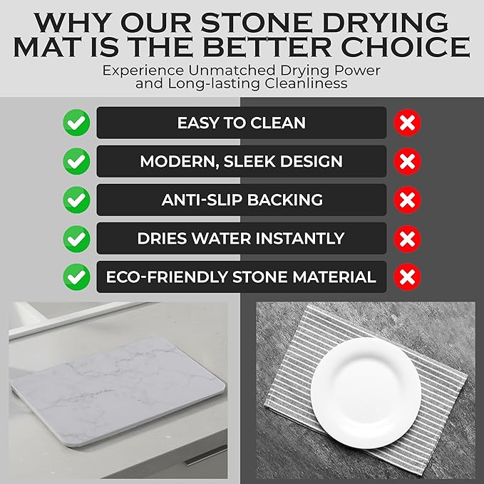 J.B Large Stone Drying Mat for Kitchen Counter - Quick Dry Stone Mat with Sink Caddy Ultra Absorbent Dish Drying Stone for Kitchen Counter and Bathrooms 16 x 12 Inch (Light Gray/White Marble Finish)