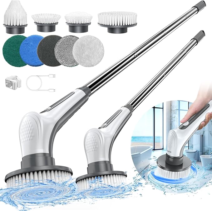 Electric Spin Scrubber 10 in 1 Airpher Cordless Cleaning Brush IPX8 with 9 Replaceable Brush Heads and 4 Tier Removable Handle Power Shower Scrubber for Bathroom Tub Tile Floor Kitchen Window