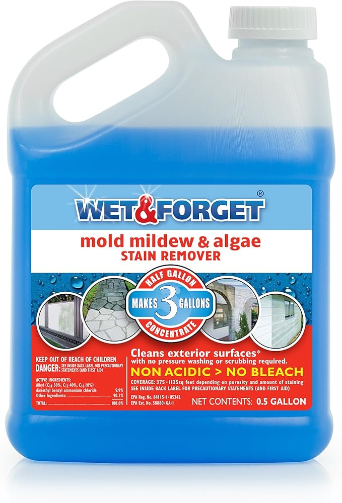 Wet &amp Forget No Scrub Outdoor Cleaner for Easy Removal of Mold Mildew and Algae Stains Bleach-Free Formula 0.5 Gallon Concentrate - Ships to California Only 64 Fluid Ounces