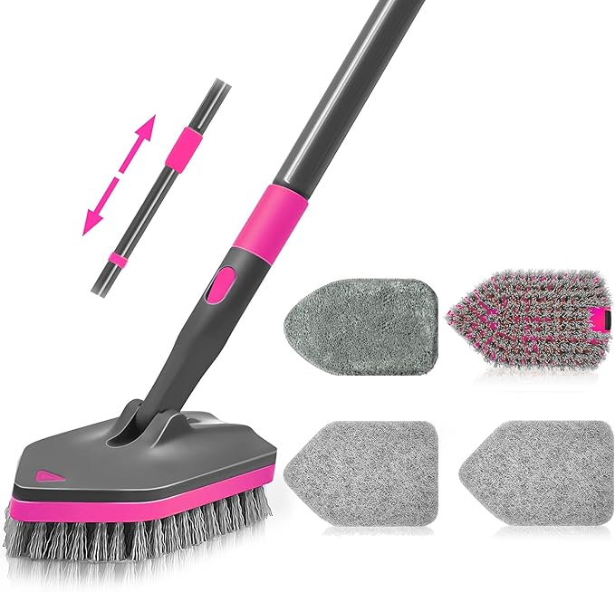 NEWE Shower Cleaner Brush Tub Tile Scrubber with Telescopic Long Handle 60 inches 4 Scrub Heads for Cleaning Bathroom Bathtub Floor Baseboard Sink Kitchen Toilet (Grey Red)