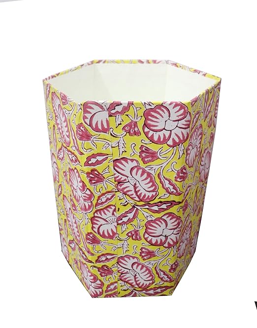 Generic Floral Hand Block Print Paper Dustbin Cotton Printed Wastebasket Indian Vintage Home Decor Hotel Room Decor (1 Yellow RED)