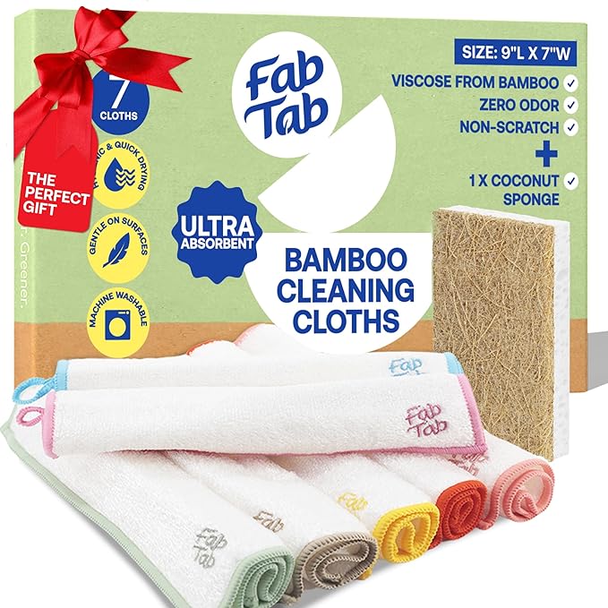 Fab Tab Bathroom and All Purpose Cleaner Tablets Bundle With Bamboo Cleaning Cloths And Coconut Sponge - Bathroom + Multi-Purpose Cleaner Tablets and Bamboo Towels Cleaning Solution