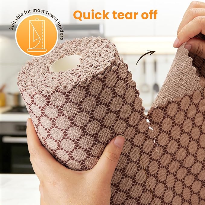 Microfiber Cleaning Cloth Roll 50-Count Reusable Durable Absorbent Lint-Free Non-Scratch Towels Dish Rags for Kitchen Home Window &amp Screens Paper Towel Alternative Brown Dot 12x12 in