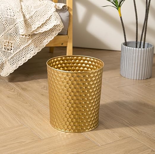 Large Metal Trash Can Wastebasket Decorative Honeycomb Garbage Can Modern Farmhouse Round Bin for Bathroom Bedroom Kitchen and Office (Gold)