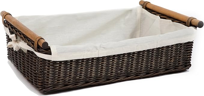 The Basket Lady Low Pole Handle Wicker Storage Basket Medium 17 in L x 10.5 in W x 5.5 in H Antique Walnut Brown