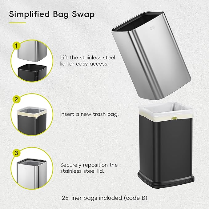 EKO 2-Pack Open Top Trash Can with Removable Inner Basket Square Small Garbage Can 1.8 + 3.2 Gallon Wastebasket Combo for Kitchen Bathroom Office Home (Stainless Steel)