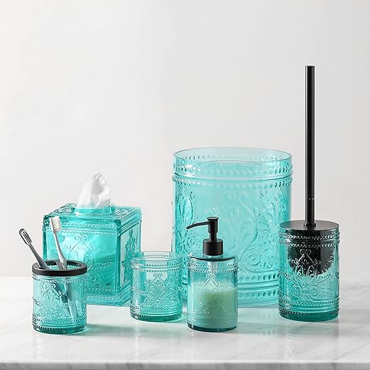 KMwares Elegant 2.6-Gallon Thick Glass Wastebasket – Durable Odor-Free Easy to Clean Stylish Decorative Trash Can for Home &amp Office (Teal Blue)